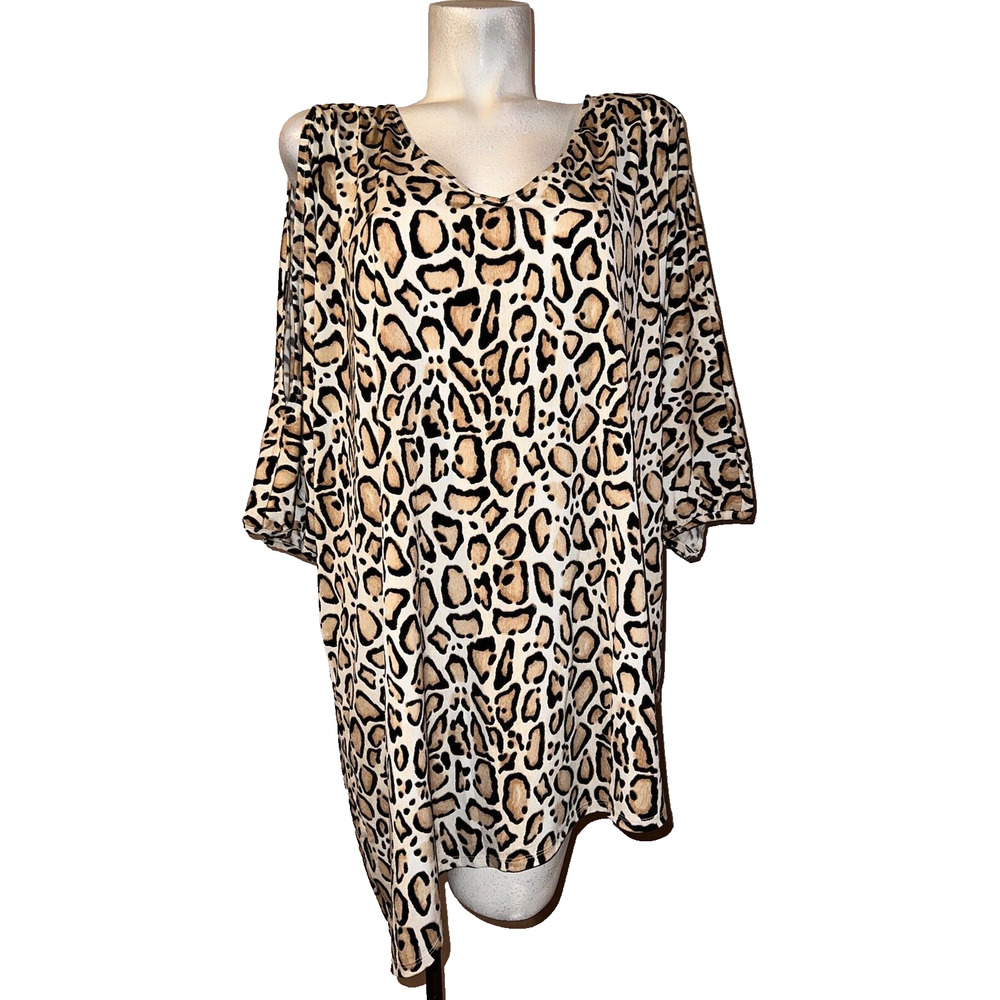 LANE BRYANT Top Plus Size 22/24 Leopard Slit Sleeve Asymmetric Hem Stretch Tunic